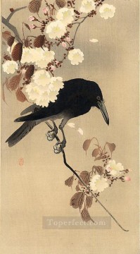 花 鳥 Painting - 桜の枝にとまるカラス 大原古邨の鳥